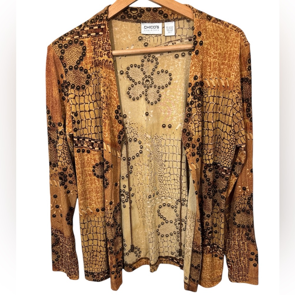 Vtg 80s Chico's Cardigan Womens Med Gold Black Open Shawl funky artsy librarian
